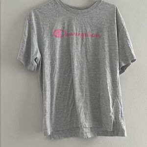 Champion Bundle Light Gray T-Shirt (M) with Pink Script Logo and Shorts (S)